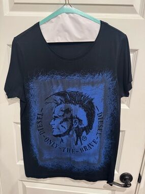 Diesel Black T‑Shirt with Blue Graphic Mohawk Profile